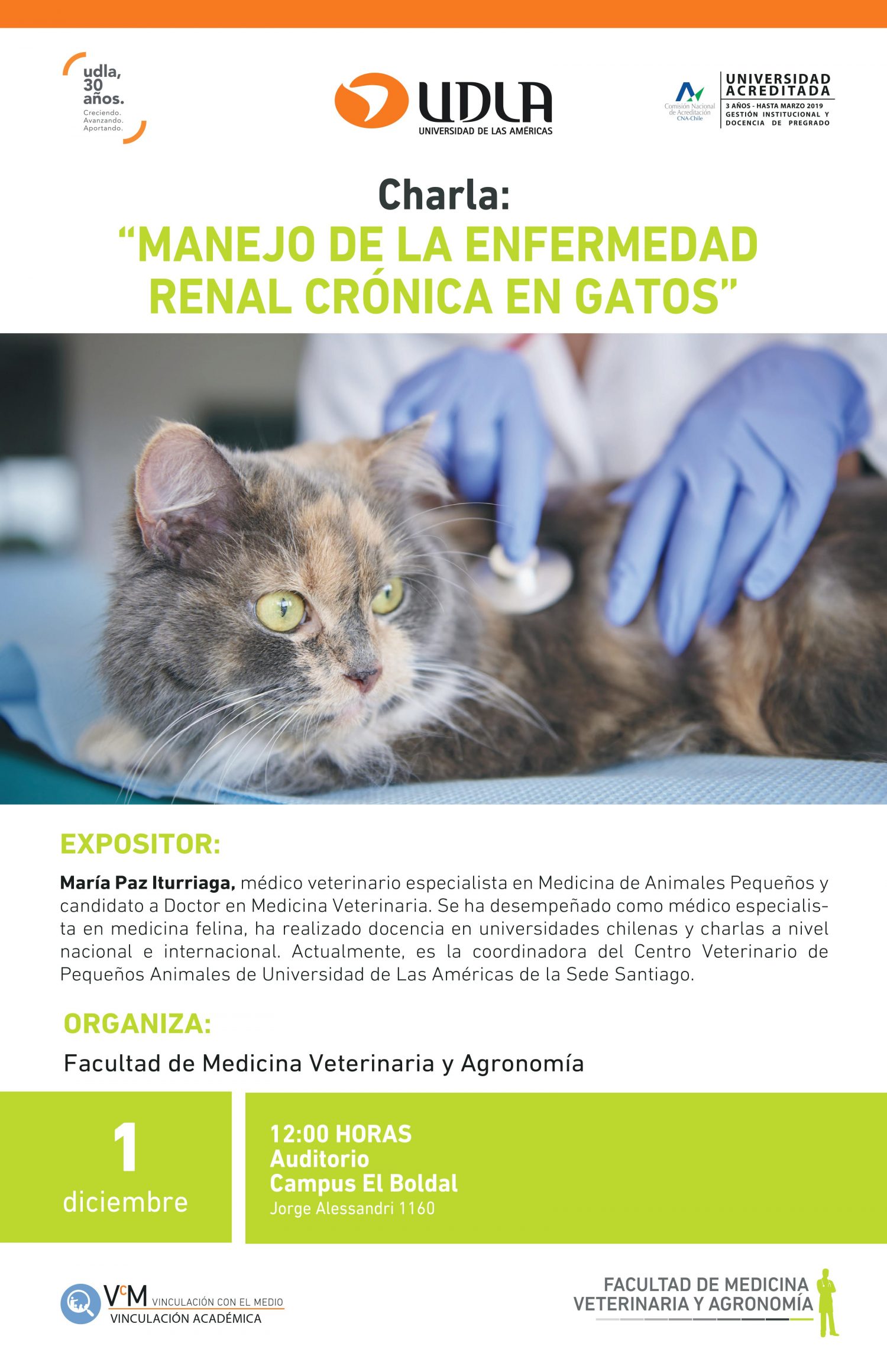 01 de diciembre. Charla: “Manejo de la enfermedad renal crónica en gatos”. Organiza: Facultad de Medicina Veterinaria y Agronomía