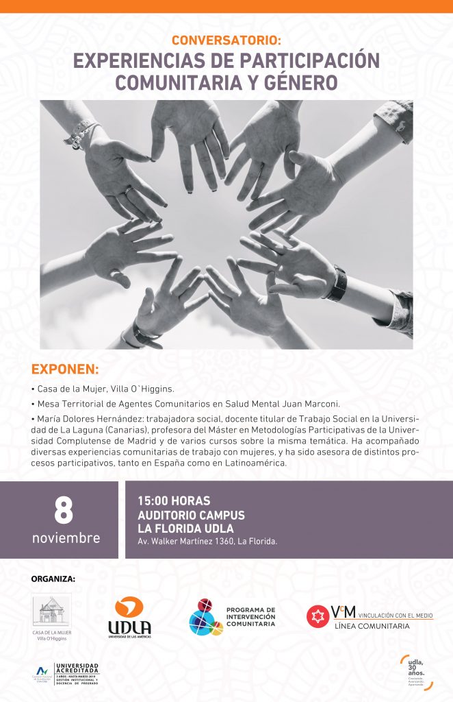 8 de noviembre. Conversatorio: Experiencias de participación comunitaria y género. Organiza: Programa de Intervención Comunitaria