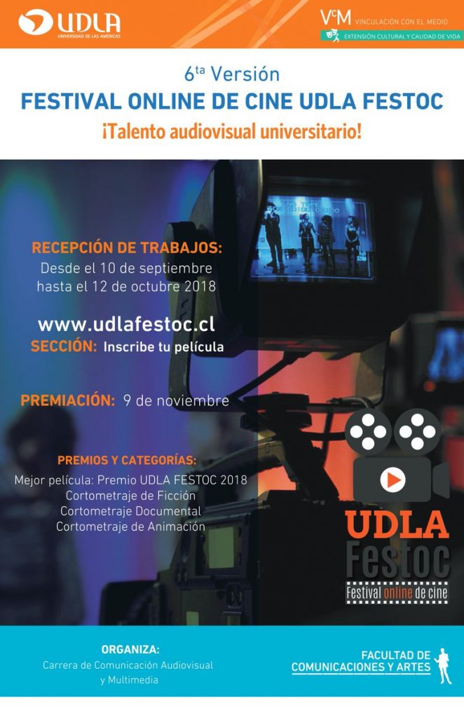 9 de noviembre. Cartelera Cultural UDLA: Premiación VI Versión UDLA Festoc. Organiza: Carrera de Comunicación Audiovisual y Multimedia, Sede Santiago